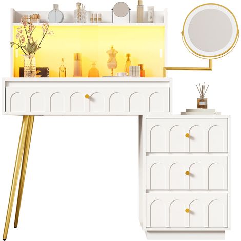 Schminktisch mit schwenkbarem LED-Spiegel und Glasschiebetüren, Schminktisch-Set mit 4 geräumigen Schubladen, Maße: B112  x T40 x H116cm,Weiß