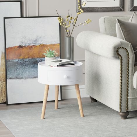 Mesa de centro redonda con cajón, diseño escandinavo, borde protector, madera, Ø38 x H45 cm, blanca (1/5)