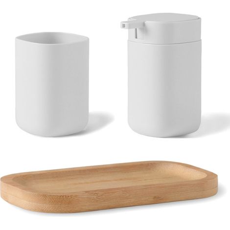 Set accessori bagno 3 pz bianco con vassoio in bambù - Taki (1/5)