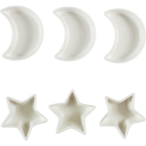 Set di 6 piatti da portata in ceramica bianca con decorazioni a stella e luna. (1/5)