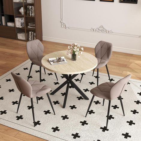 Esstisch-Set mit 4 Stühlen, 100cm runder Tisch, Leinenstühle, Küche/Esszimmer (1/5)