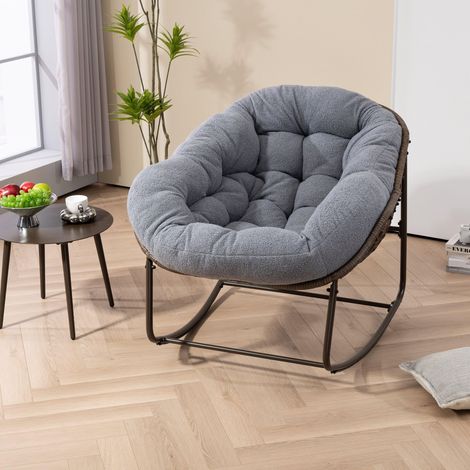 Sedia a dondolo in rattan grigio con cuscino, struttura in acciaio, 78 x 106 x 90 cm (1/5)