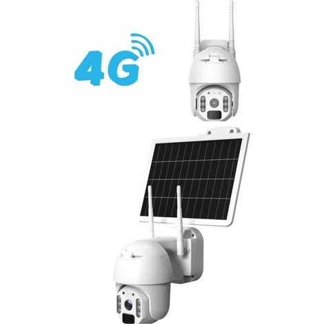 CAMERA DOME MOTORISE SOLAIRE 4G FULL HD 1080p Blanc Vidéo Surveillance IP66 MICRO SD double antennes + Panneau solaire