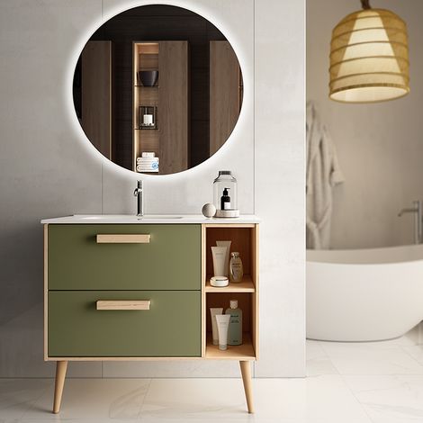 Meuble de salle de bain vasque déportée - 2 tiroirs - vert olive - MALIA et miroir rond Led SOLEN - 80cm (1/5)