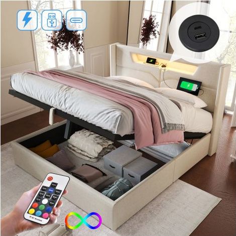 Lit Coffre 160x200 LED et Prises USB/Type C - Lit Rembourré - Sans Matelas, Télécommande, Grand Espace de Rangement, Lin Beige (1/5)