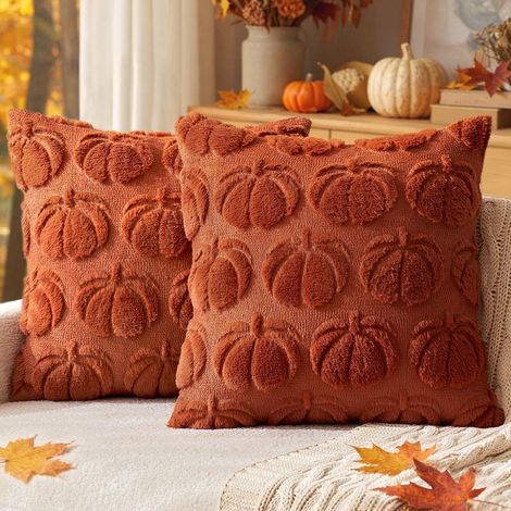 2er 45x45 Kissenbezug Herbst Kürbis Dekokissen Halloween Karamell Kissenhülle Sofakissen Wolle Kürbis Couchkissen Kuschelkissen für Halloween Thanksgiving (1/5)