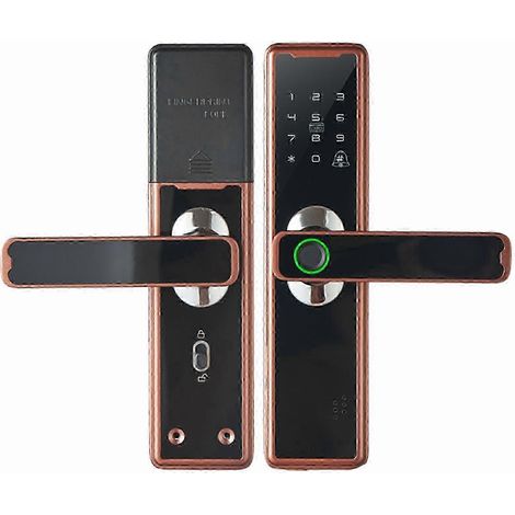 Serrure de porte électronique intelligente, compatible avec le déverrouillage biométrique par empreinte digitale/carte à puce/mot de passe/clé/charge d'urgence USB (marron) (1/5)