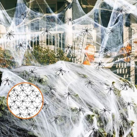 Toile d'araignée Halloween 150 g avec 150 fausses araignées pour créer une atmosphère effrayante à l'intérieur et à l'extérieur idéa (1/4)