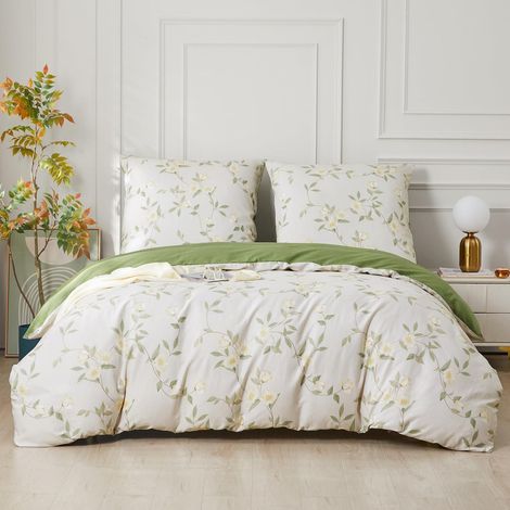Bettwäsche-Set 200x220 cm Baumwolle Blumenmuster Grün Weiß 3-teilig