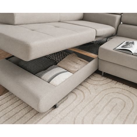 Canapé d'Angle Convertible TOULOUSE Beige avec COFFRE de rangement – Angle Gauche – Velours – 275x202 cm (1/5)
