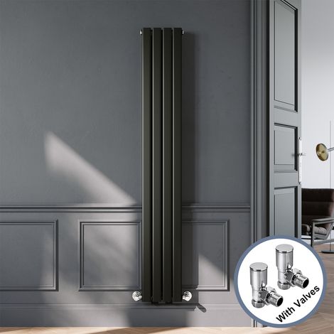 ELEGANT Designer Black Vertical Radiator 1800 x 272mm Double Panel Flat Panel Rads with Chrome Angled Radiator Valves (1/5)