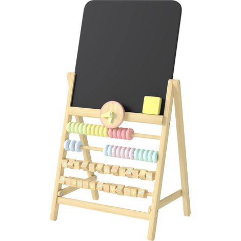 Chevalet en bois pour enfants avec tableau noir double face, horloge, boulier et gomme, pour les enfants de 2 ans et plus, couleur naturelle (1/5)