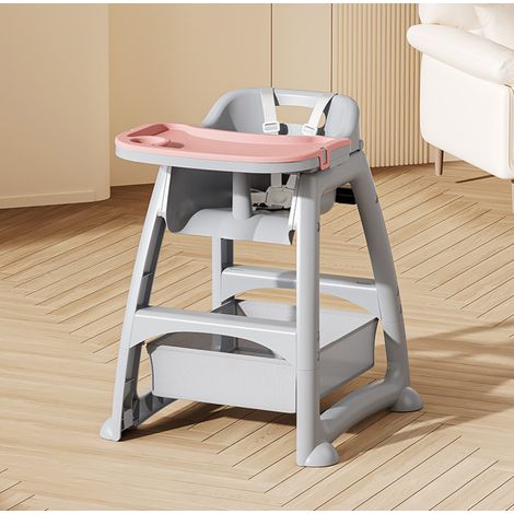 Chaise haute bébé avec 3 plateaux PP, harnais 5 points, roues verrouillables, gris HAVRYA (1/5)