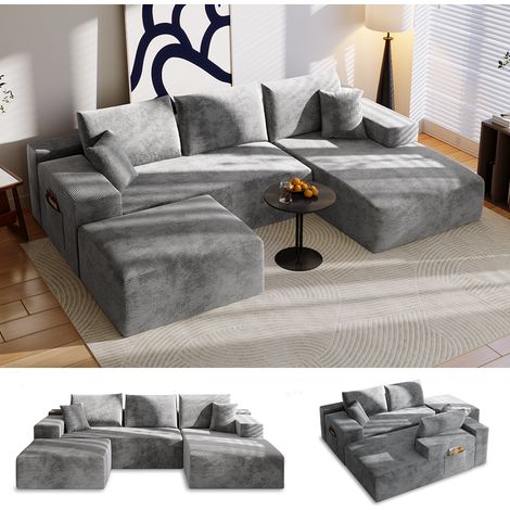 Canapé d’angle 4 places avec fonction lit, canapé modulable en L pour salon, convertible moderne avec 5 coussins, 274L x 175P x 64H cm, gris