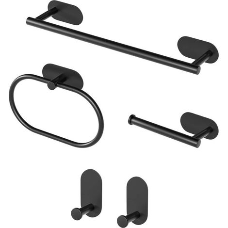 5 Pièces Porte Serviette Salle De Bain, Accessoires De Salle De Bain Kit sans Forage, Autocollant 3M Et Perçage Porte Serviettes pour Salle De Bain, Cuisine, Noir (1/4)