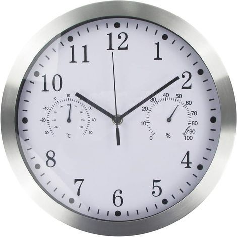 Quartz Ronde Horloge Murale, Aluminium Silencieuse Intérieur Murale Horlog vec Thermomètre Et Hygromètre pour Salon Cuisine Bureau (Argenté) (1/5)