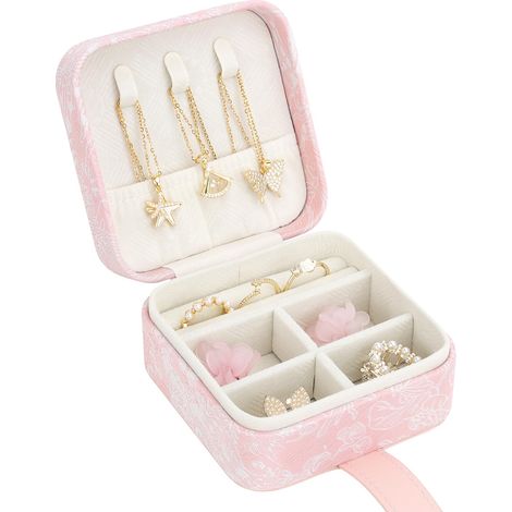 Boîte à Bijoux, Mini Coffret à Bijoux de voyage pour femme avec boucle, Petit Rangement Bijoux portable avec broderie jacquard pour bague, boucle d'oreille, collier, rose (1/5)