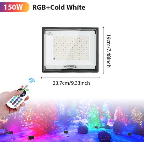 150W LED Außenstrahler RGB + Kaltweiß, Profi-Flutlicht mit Fernbedienung, IP65 Wasserdicht für Garten und Außenbereich
