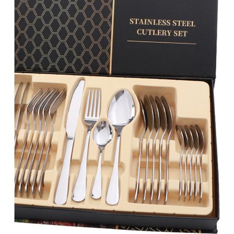Ensemble de couverts en acier inoxydable brillant 24 pièces : couteau à steak, fourchette et cuillère, finition argentée. (1/4)