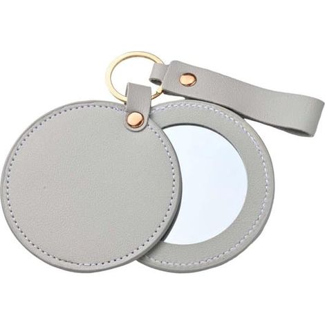 Miroir porte-clés rond - Miroir de poche portable avec étui en cuir PU pour le maquillage, le sac à main, le bureau et les voyages - Idéal pour l'école et le shopping (Gris) (1/3)