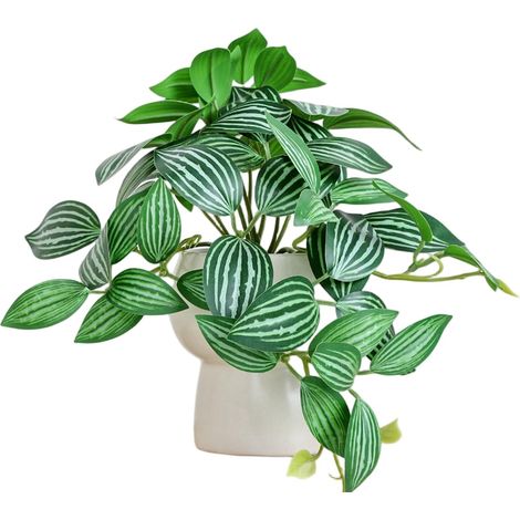 Bouquet de fleurs artificielles, fleurs en plastique longue durée, pot rond décoratif + panier suspendu pour plante à nervures blanches (1/2)