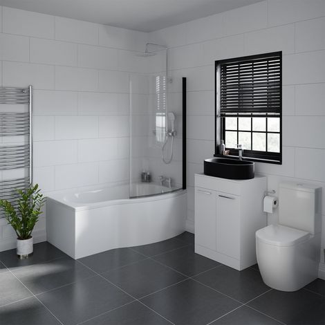 Aster 1500mm Right Hand P Shaped Bathroom Suite including Matt Black Countertop Basin and Gloss White Vanity Unit with Polished Chrome Handles (1/5)