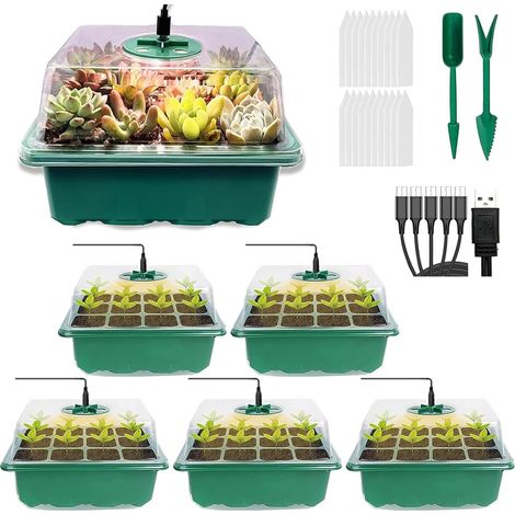 Mini Serre pour Semis, Kit de Culture avec Lumière - Lot de 5 Plateaux de démarrage pour semences avec lumière de Croissance, Semis et Boutures - Idéal pour Potager Maison (1/5)