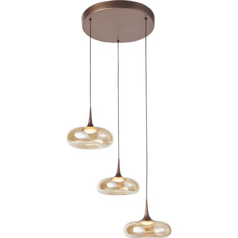 Italux Tenele Suspension Cluster en cuivre avec abat-jour en verre ambré, lumière chaude 3000K, intensité variable sur 3 niveaux, 3 LED