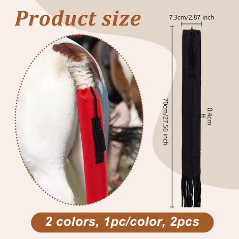 Lot de 2 pochettes pour queue de cheval, 70 x 7,5 cm, imperméables, 4 mm d'épaisseur, élastiques et munies de pompons, idéales pour l'équitation, protègent la queue des chevaux - noir et rouge (1/5)