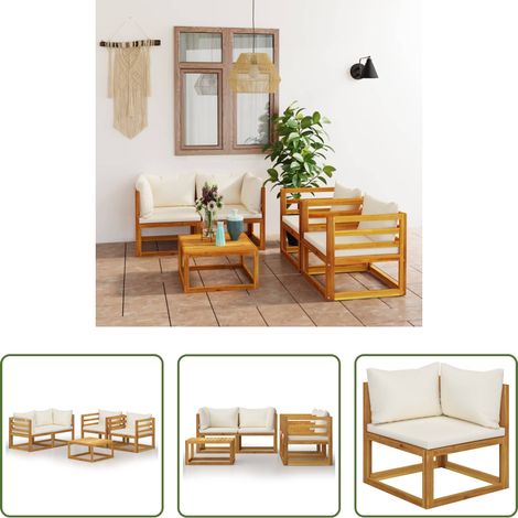 vidaXL Fauteuil extérieur -  Salon de jardin 5 pcs avec coussin Crème Bois d'acacia solide (1/5)