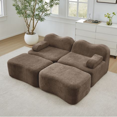 Canapé modulaire 2 places marron en velours avec 2 ottomans et coussin d'accoudoir mobile (1/5)