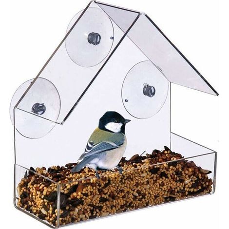 Grande Mangeoire à Oiseaux Exterieur Suspendue, 3 Ventouses Collantes Fortes, Acrylique Transparent Bird Feeder Étanche La Pluie Mangeoire Oiseaux (1/5)