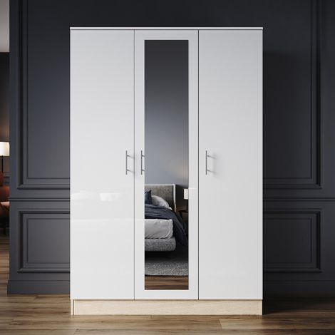 ELEGANT Wardrobes 3 Door High Gloss Door with Large Storage Bedroom Furniture Capacity Multi Compartment with Mirror White/Oak 1200 x 500 x 1800mm