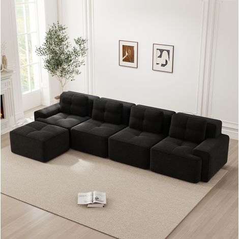 Divano modulare 4 posti 74xx cm nero in velluto a coste con chaise longue, seduta profonda e design antiscivolo (1/5)