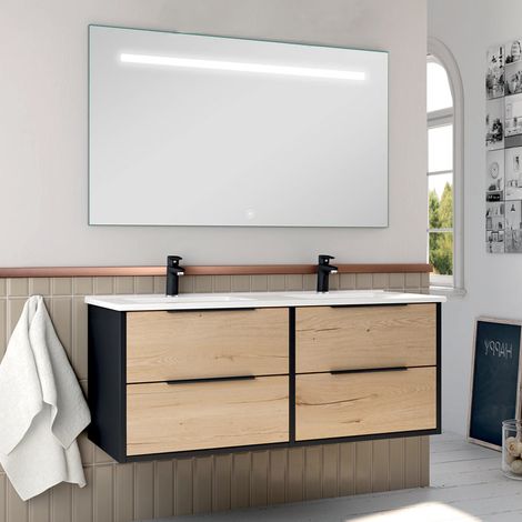 Meuble de salle de bain double vasque - 4 tiroirs - ALBA et miroir Led STAM - 120cm (1/3)