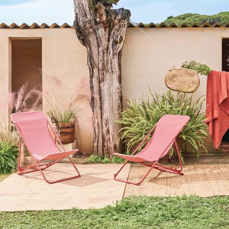 Lot de 2 chaises pliantes LIVORNO en acier / textilene. terracotta. 83 x 88 x 95 cm