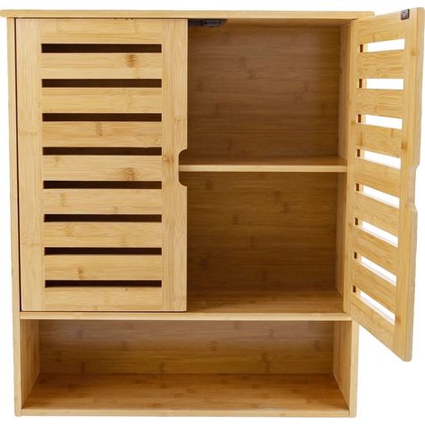 Armario de almacenamiento para baño, diseño de 3 niveles, construcción duradera de bambú, color madera. (1/2)