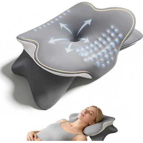 Ergonomisches Nackenkissen mit 3D-Nackenstütze, 2 Höhen, waschbarer Bezug, Grau