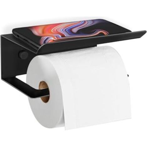 Portarotolo di carta igienica nero senza foratura – Montaggio a parete autoadesivo in acciaio inox con mensola integrata – Accessorio moderno per il bagno