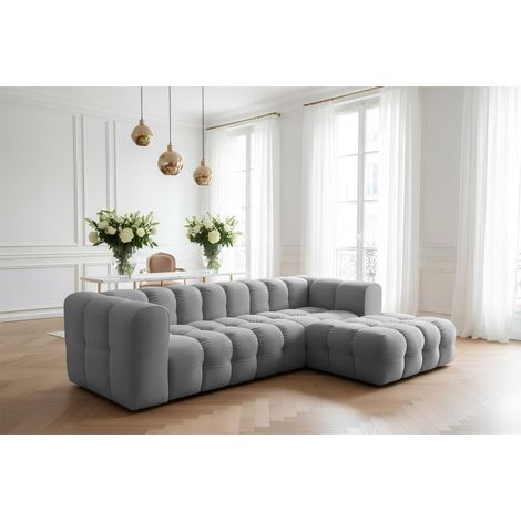 Ecksofa Designersofa SOLVIE in Stoff Tiffani Grau Ottomane Rechts