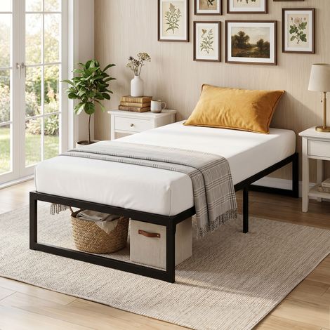 Cadre de lit 90x200 cm avec sommier métallique, lit simple avec espace de rangement sous le lit, silencieux, assemblage facile, noir (1/5)