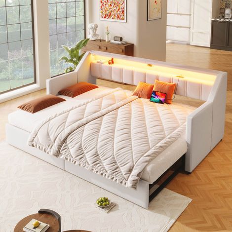 Canapé-lit avec lit gigogne 90-180 x 200 cm Lit double rembourré avec LED multicolore 2 tiroirs poches de rangement Lin Beige (1/5)