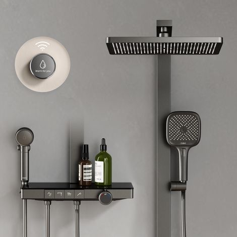 EMKE Duschsäule mit Thermostat mit LED-Display 36cm Regendusche Vorspül-Funktion Kinder-Minibrause Anthrazit mit 40cm Ablage