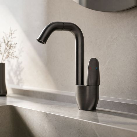 Robinet lavabo pivotant 360° en laiton massif, mélangeur eau chaude et froide, finition gris gunmetal PVD brossé, design élégant pour salle de bain (1/5)