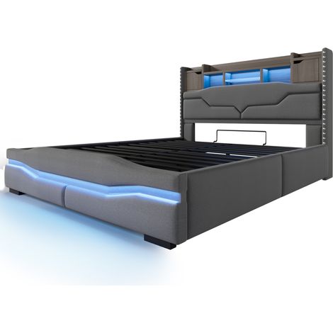Cama canapé 160x200 cm de lino gris con LED, USB, enchufe y cabecero con almacenaje (1/5)
