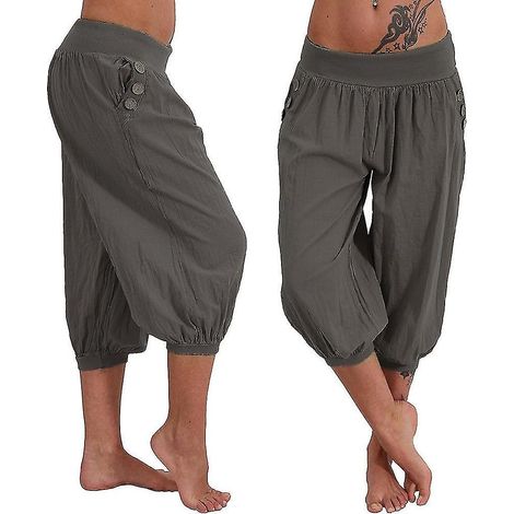 Yogahose für Damen, Seitentaschen, Haremshose, knöchellang, schnelltrocknend, feuchtigkeitsableitend, leicht, im Boho-Hippie-Stil, hellblau, orange, cremeweiß – Größe 3XL (1/5)