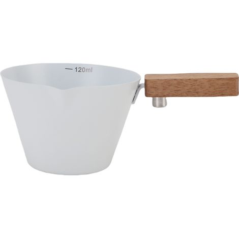 Doseur à café en acier inoxydable avec poignée en bois, graduations claires pour espresso et lait, design durable blanc (1/5)
