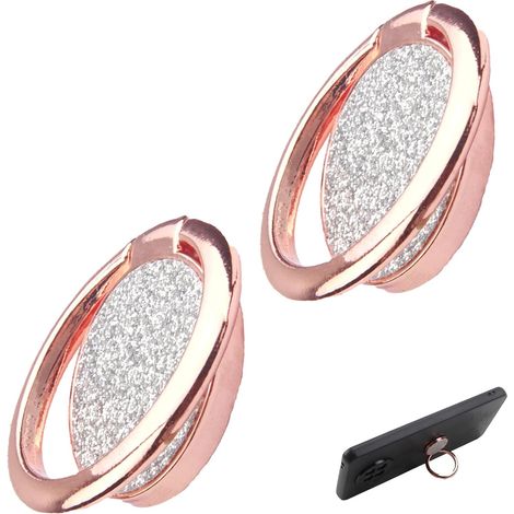 2 Pcs Anneau Support Téléphone Portable, Bague pour Téléphone, Support Réglable à 360° et Pliable à 180°, Adhésif Fort, Compatible avec Smartphones de 4 à 8 Pouces, Argent Brillant (Rose)