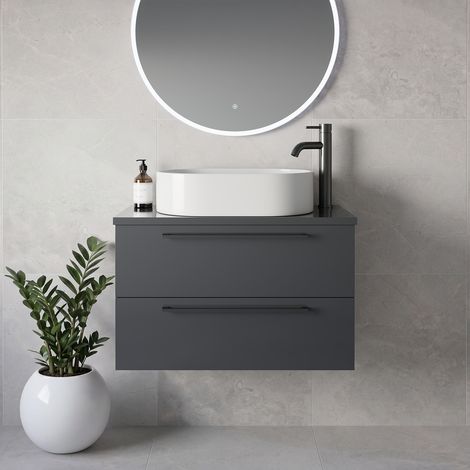 Napoli 390 Gloss Grey 800mm Wall Mounted 2 Drawer Vanity Unit for Countertop Basins - 800mm - Gunmetal Grey 480mm Handle