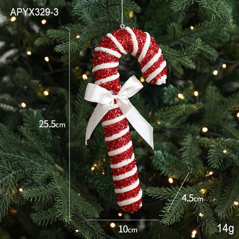 Décoration de Noël en tissu velours rouge et blanc, forme bâton de candy, 14G, paillettes et ruban (1/2)